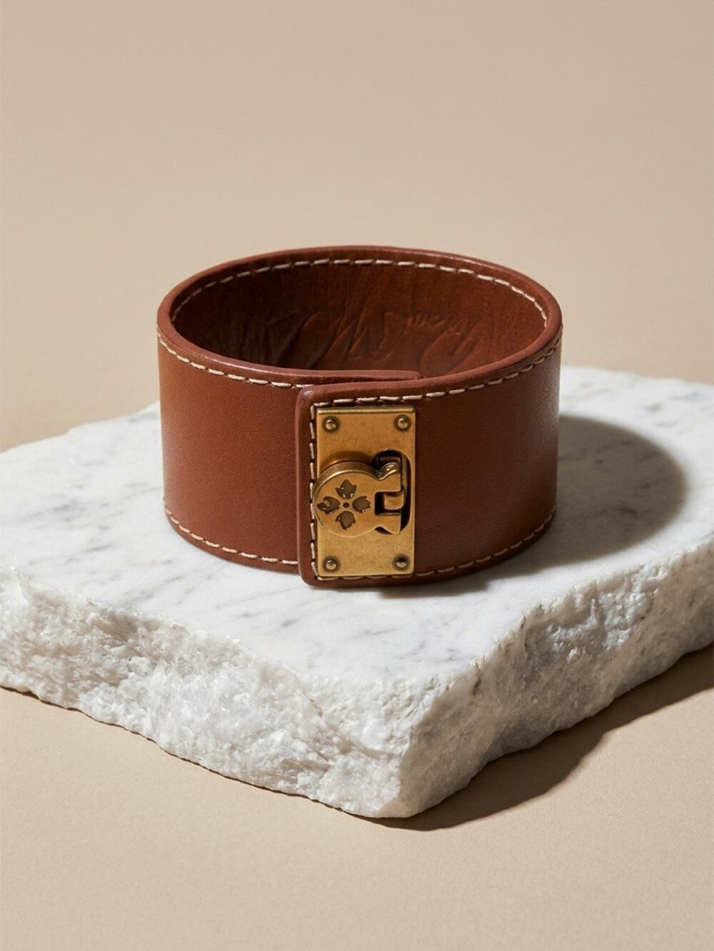 Unbranded Brown Genuine Leather WideCuff Belt Bracelet Gold Tone Steampunk